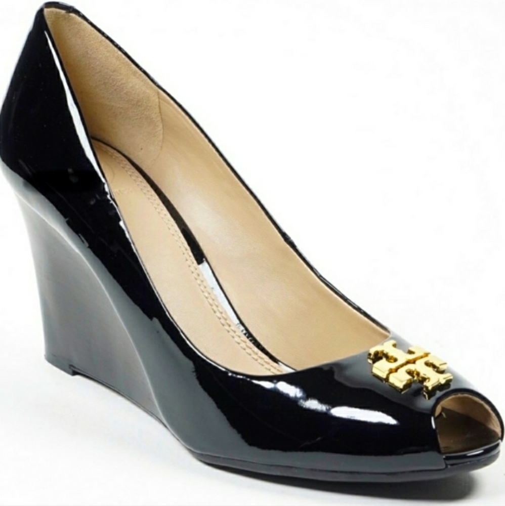 Tory Burch Jade Black Patent Peep Toe Wedges Heels Size 7.5 - Picture 4 of 12